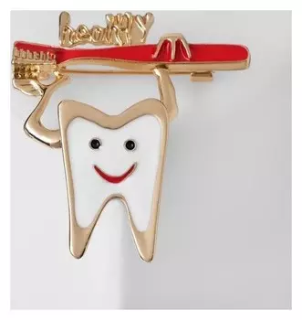 Брошь "Зуб" со щёткой, цвет красно-белый в золоте
