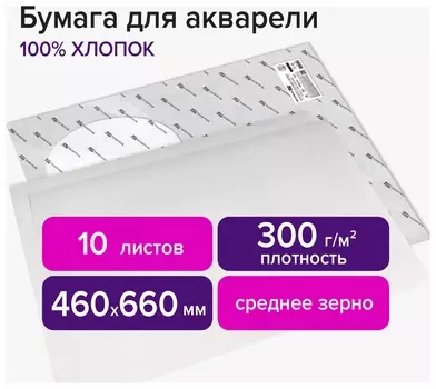 Бумага для акварели хлопок 100%, 300 г/м2, 460x660 мм, среднее зерно, 10 листов, Brauberg Art, "Premiere", 113231