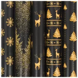 Бумага упаковочная новогодняя 70х100 см золотая сказка "Black&amp;gold", 5 дизайнов, 70 г/м2, 591584