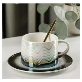 Чайная пара «Затмение», чашка 250 мл, 11×8,7×6 см, блюдце, ложка, цвет темно-синий