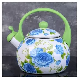 Чайник со свистком доляна «Пионы», 2,2 л, фиксированная ручка, цвет зелёный