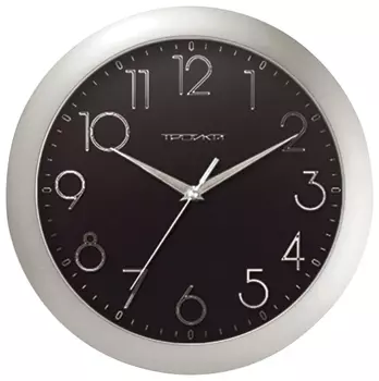 Часы настенные TROYKA 11170182, круг, черные, серебристая рамка, 29х29х3,5 см