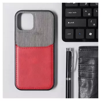 Чехол Luazon для Iphone 12/12 Pro, с отсеком под карты, текстиль+кожзам, красный