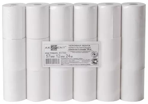 Чековая лента термобумага 57 мм (Диаметр 40 мм, длина 24 м, втулка 12 мм) комплект 18 шт., Akzent