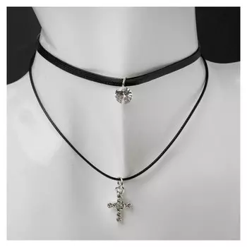 Чокер "Две нити" крестик мини, цвет белый ,35см