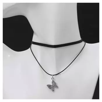 Чокер "Двойной" с нитью, бабочка, бело-чёрный в серебре ,l=40см