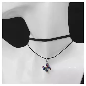 Чокер "Двойной" с нитью, бабочка, цветной в серебре ,l=40см