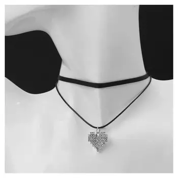 Чокер "Двойной" с нитью, сердце графика, цвет бело-чёрный в серебре ,l=40см