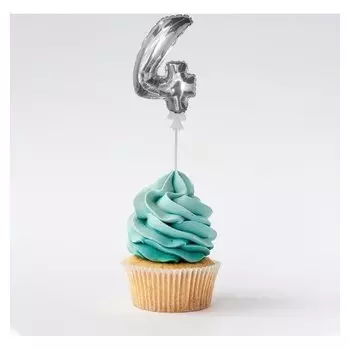 Цифра-топпер 3" «4» с палочкой, самодув, индивидуальная упаковка, цвет серебряный