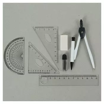Циркуль металлический в пластиковом пенале, с механическим карандашом, грифелями, ластиком, линейкой, 2 треугольниками и транспортиром