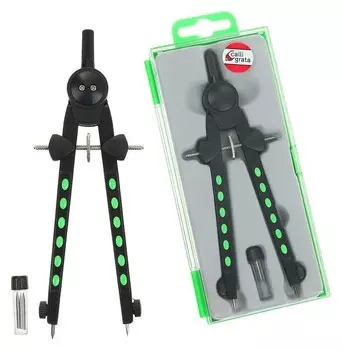 Циркуль металлический в пластиковом пенале с запасными грифелями Цвет корпуса черный/зеленый