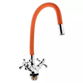 Cмеситель для кухни Zein 2107, двухвентильный, силиконовый излив, силумин, оранжевый/хром