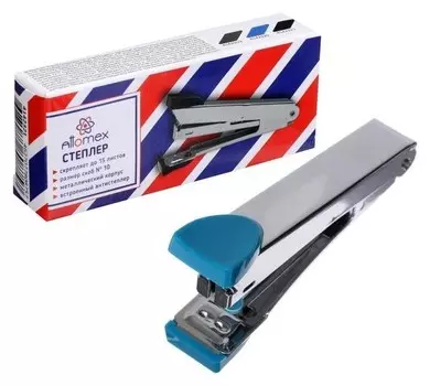 Cтеплер №10 на 15 листов, Attomex, металлический корпус, с встроенным антистеплером, синий