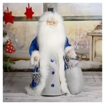 Дед мороз 40 см "Шик" в синей шубке с мешочком, двигается, без музыки