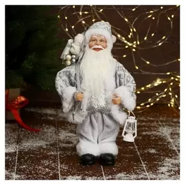 Дед мороз "В белой шубе ромбик блеск, с фонариком и подарками" 16х30 см