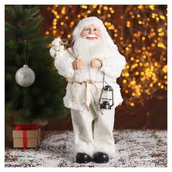 Дед мороз "В белой шубке, с фонариком" 43 см