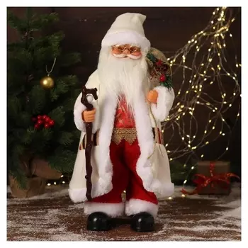 Дед мороз "В белом костюмчике с орнаментом, с посохом" двигается, 20х50 см