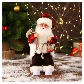 Дед мороз "В клетчатом тулупе, с колокольчиком" двигается, ботинки светятся, 13х28 см