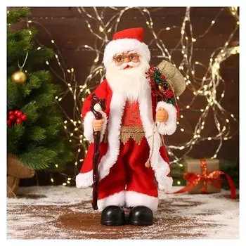 Дед мороз "В красном костюмчике с орнаментом, с посохом" двигается, 20х40 см