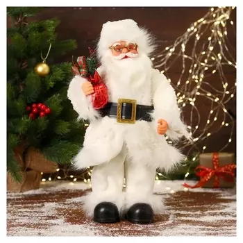 Дед мороз "В меховом белом костюмчике, с мешком" двигается, 20х40 см