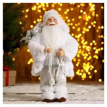 Дед мороз в белой шубке с фонариком и подарками 30 см