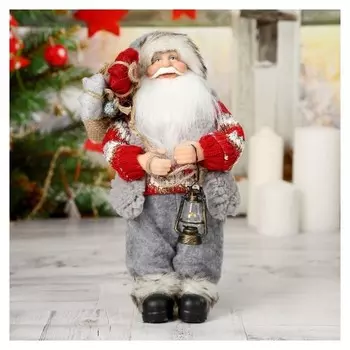 Дед мороз в вязаном костюме с фонарём 30 см