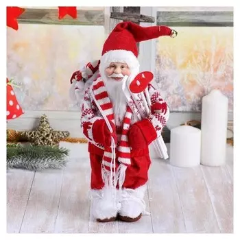 Дед мороз в вязаном костюме с лыжами и мешком 30 см