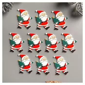 Декор для творчества дерево "Дедушка мороз с ёлкой" набор 10 шт 4,2х3,4 см