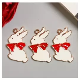 Декор для творчества металл, эмаль "Белый зайка с красным бантом" золото 3,4х2,2 см