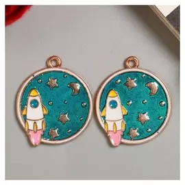 Декор для творчества металл, эмаль "Ракета в космосе" золото 2,9х2,5 см