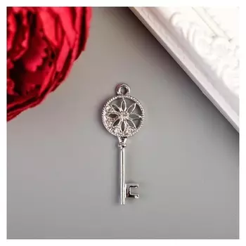 Декор для творчества металл, стразы "Ключ с цветочком" серебро 4х1,5 см