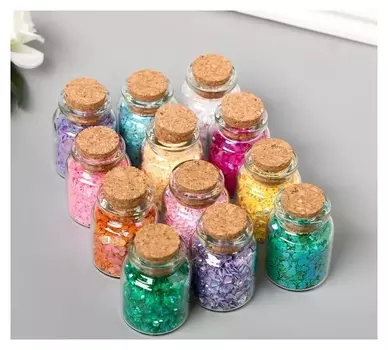 Декор для творчества пластик "Пайетки" набор 12 шт в баночке с пробкой 5х14,8х11 см