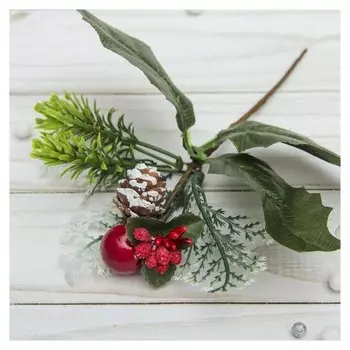 Декор "Зимние мечты" 14 см, веточка с ягодой и шишкой