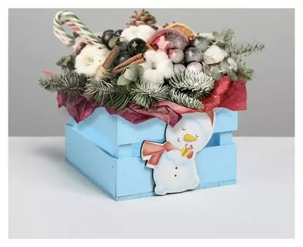 Деревянный ящик реечный Снеговик с декором