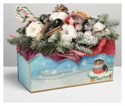 Деревянный ящик с ручками Снегири