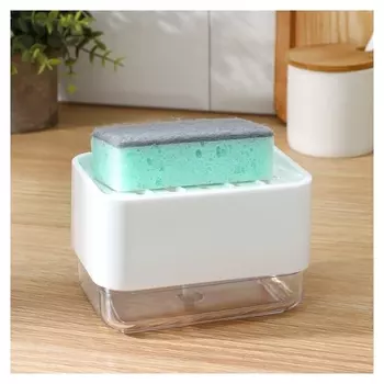 Дозатор для моющего средства с подставкой для губки Raccoon, губка в комплекте, цвет белый