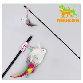 Дразнилка-удочка с мышью из натурального меха с перьями