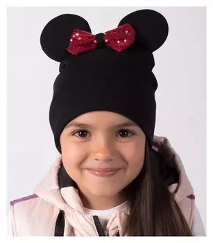 Двухслойная шапка «Мышка», цвет чёрный/красный бант, размер 50-54