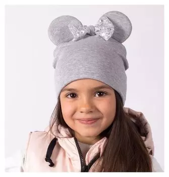 Двухслойная шапка «Мышка», цвет серый/принт бантик, размер 50-54