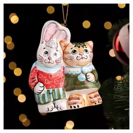 Елочная игрушка "Заяц с котом" колокольчик