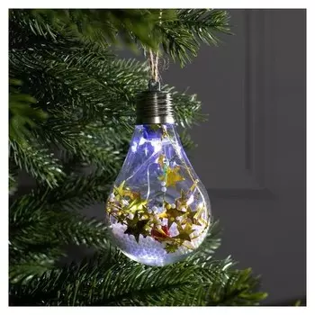 Елочный шар лампочка "Шишки с желтой мишурой", 5 Led, от батареек, белый