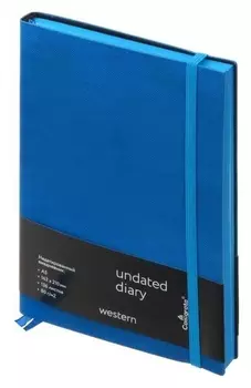 Ежедневник недатированный формат A5, 136 листов в клетку, кожзам "Western", голубой срез, с резинкой, 2 ляссе, перфорированные уголки