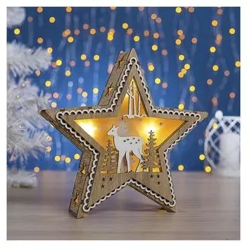 Фигура дерев. "Звезда с олененком", 21х21х5 см, аа*2 (Не в компл.), 5 Led, т/белый 436429