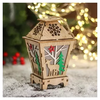 Фигурка новогодняя свет "Оленёнок в лесу, в фонарике" 10х16 см