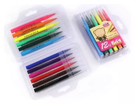 Фломастеры 12 цветов Кисти, кистеобразный наконечник