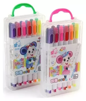 Фломастеры, 12 цветов, в пластиковом пенале с ручкой, вентрилируемый колпачок, Мышка