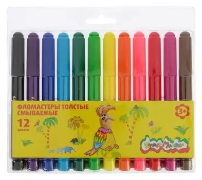 Фломастеры 12 цветов, вентилируемый колпачок, толстые