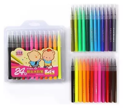 Фломастеры, 24 цвета, кистеобразный наконечник, вентилируемый колпачок, Кисти