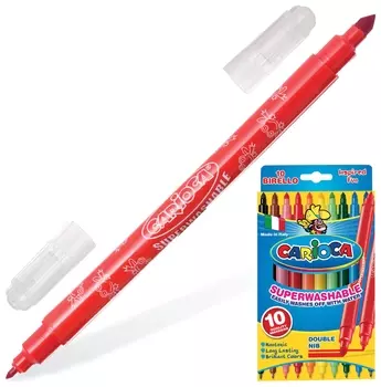 Фломастеры двухсторонние Carioca "Birello", 10 цветов, 2 пишущих узла 2,5 и 5 мм, суперсмываемые