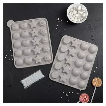 Форма для леденцов и мороженого, 23х19х3 см, "Сладости-радости", 20 ячеек, с палочками